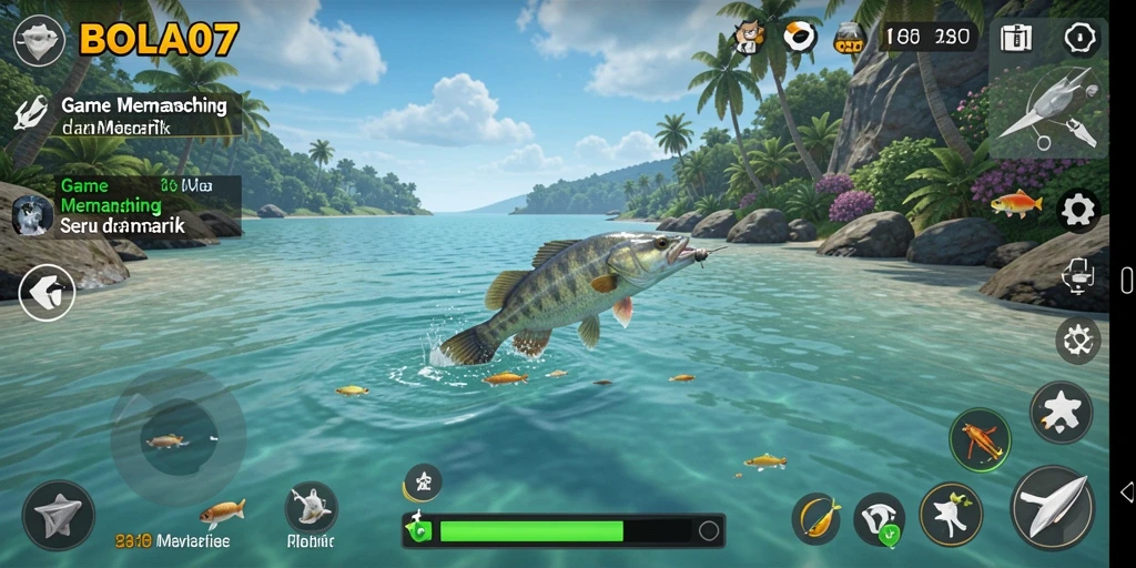 Screenshot BOLA07 menampilkan gameplay memancing yang seru.