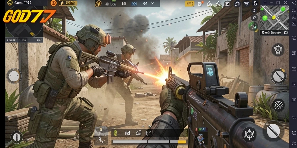 Screenshot gameplay GOD77 yang menunjukkan aksi pertempuran seru.