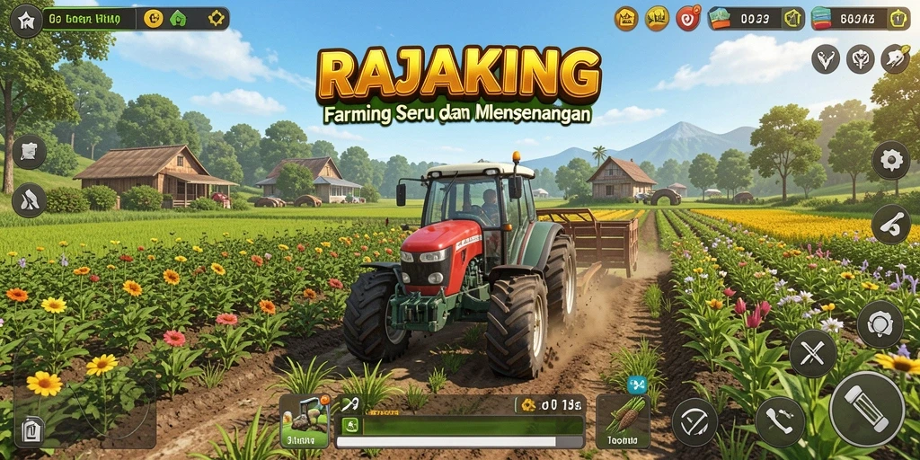 Screenshot utama RAJAKING menampilkan aktivitas pertanian yang menyenangkan.