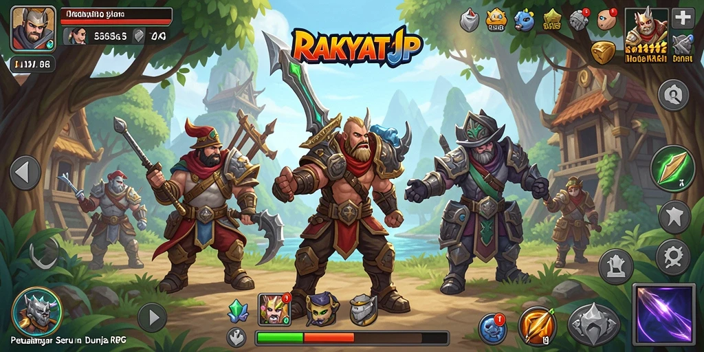 Screenshot utama RAKYATJP menampilkan pertarungan epik dalam dunia RPG.