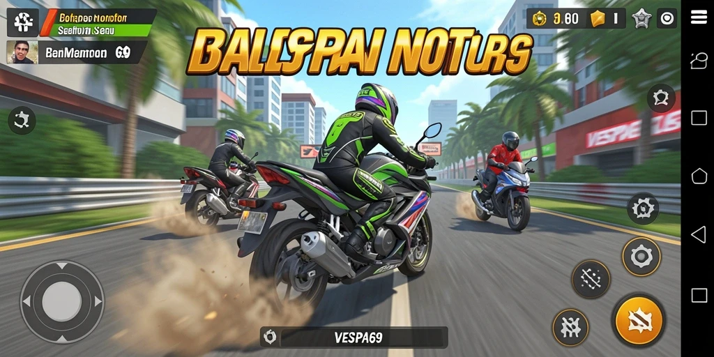 Screenshot gameplay VESPA69 menampilkan balapan motor seru.